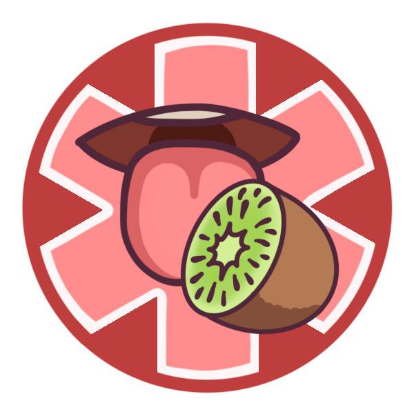 a yellow circle with a large medical alert asterisk inside it, and a tongue touching a kiwi fruit pictured in the centre.